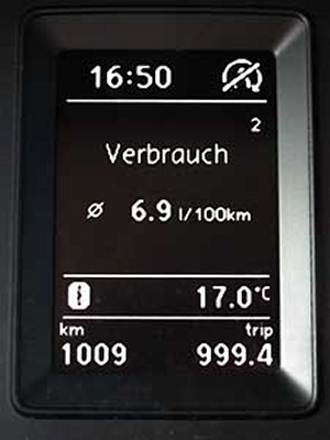 Die Verbrauchsanzeige des Bordcomputers gibt für die ersten 1.000 km nur 6,9 l/100 km an. Verbrauch auf den ersten 1.000 km.