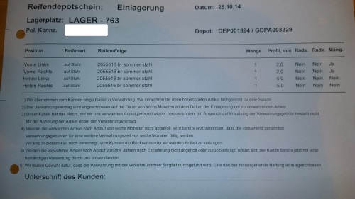 Beleg über die Einlagerung. 