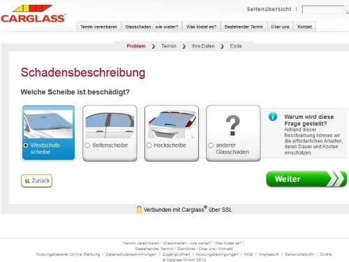 Angabe der beschädigten Scheibe. Angabe der beschädigten Scheibe.