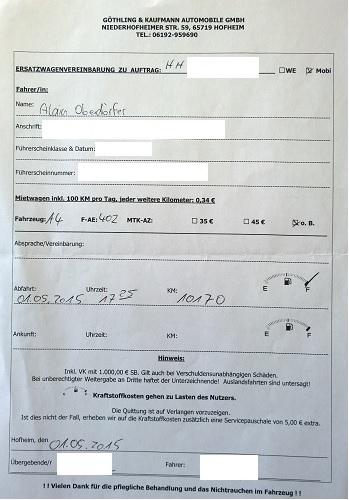 Ersatzwagenvereinbarung. Ersatzwagenvereinbarung.