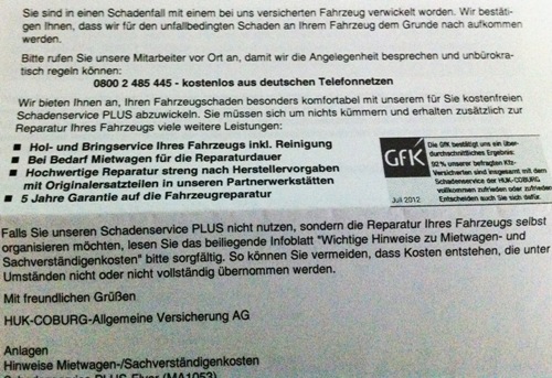 Brief von der HUK. Brief von der HUK.